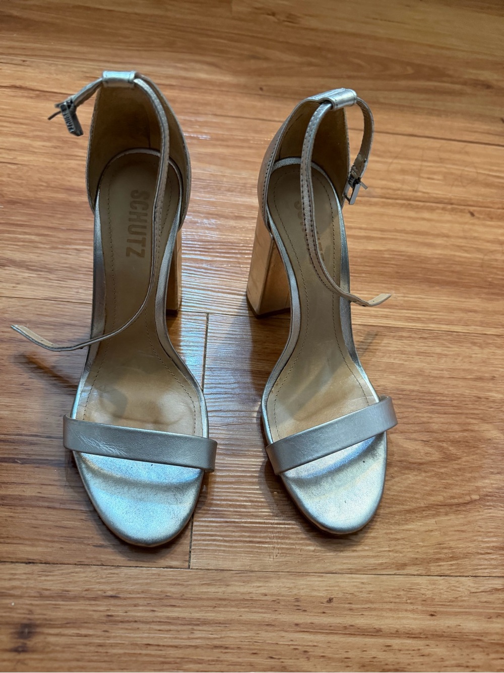 SCHUTZ Metallic Silver Open-Toe Block Heel Sandals